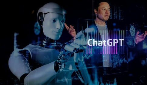 Humanoid robot typing with holographic interface and ChatGPT text overlay