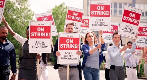 Group of people holding signs protesting for better working conditions