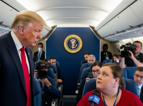A political figure interacting with a reporter on an airplane