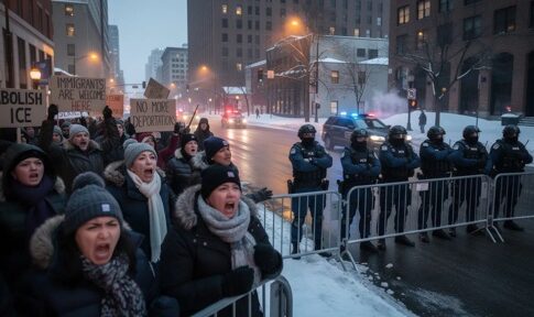 Protesters demonstrating against immigration policies in winter attire