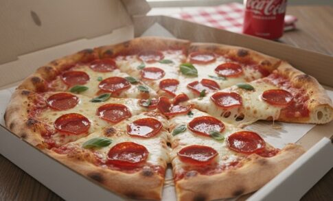 A freshly baked pepperoni pizza in a takeout box