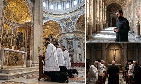 Clergy members kneeling in prayer inside a grand cathedral