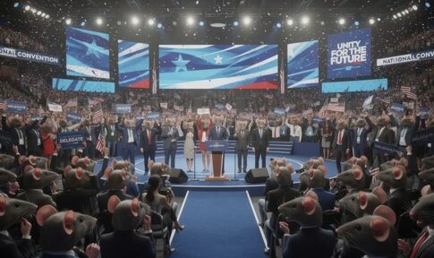 A political convention with speakers on stage and a cheering crowd holding signs and flags